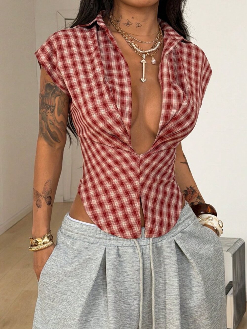 Red Sexy Women's Regular Fit Plaid Batwing Sleeve V-Neck Bustier Shirt Top